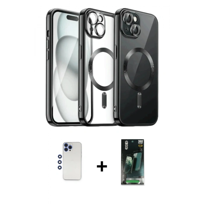 MARSİLYAN™- iPhone 12 Pro Max Kılıf Nova Işık Özel Seri - Siyah 360 Mat Full Body Arka Koruyucu + Shine Kamera Lens - LT