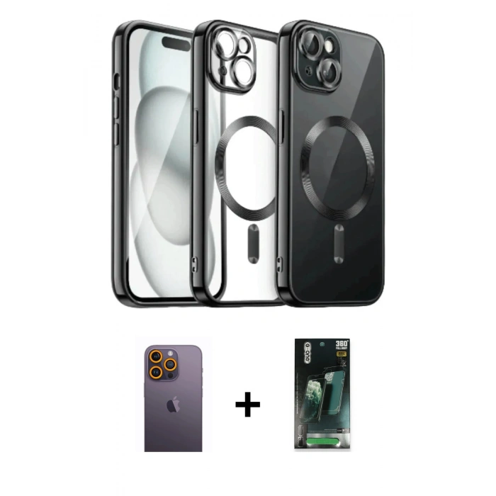 MARSİLYAN™- iPhone 12 Pro Max Kılıf Nova Işık Özel Seri - Siyah 360 Mat Full Body Arka Koruyucu + Neon Fosforlu Kamera Lens - SI