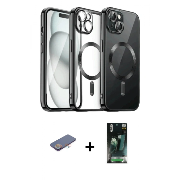 MARSİLYAN™- iPhone 12 Pro Max Kılıf Nova Işık Özel Seri - Siyah 360 Mat Full Body Arka Koruyucu + Pembe Renkli Kamera Lens Koruma Cam