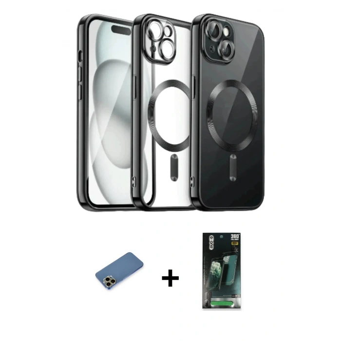 MARSİLYAN™- iPhone 12 Pro Max Kılıf Nova Işık Özel Seri - Siyah 360 Mat Full Body Arka Koruyucu + Shine Kamera Lens Koruma Cam - GD