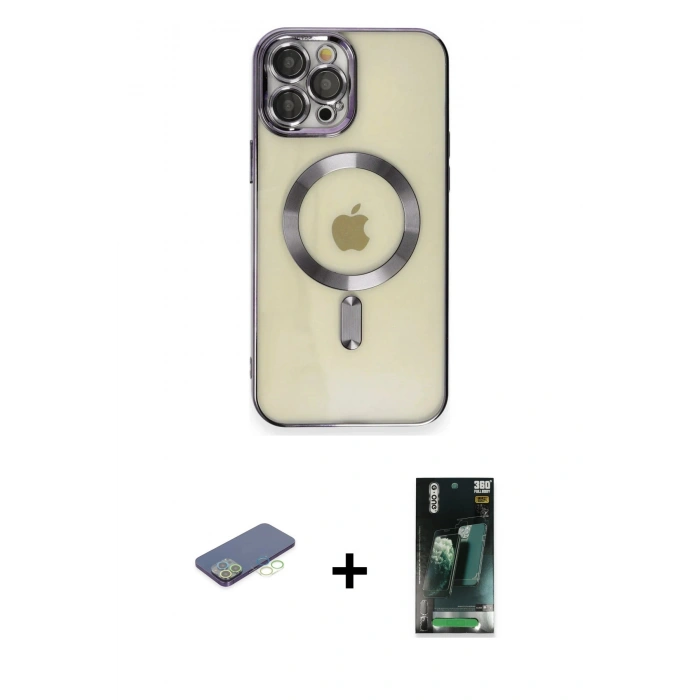 MARSİLYAN™- iPhone 12 Pro Max Kılıf Nova Işık Özel Seri - Siyah 360 Mat Full Body Arka Koruyucu + Yeşil Renkli Kamera Lens Koruma Cam