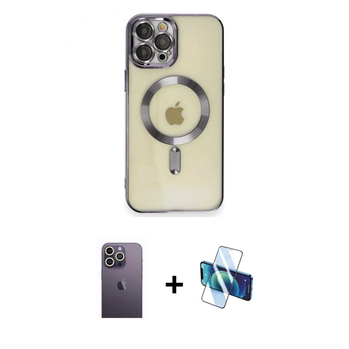 MARSİLYAN™- iPhone 12 Pro Max Kılıf Nova Işık Özel Seri - Siyah 3D Antistatik Cam Ekran Koruyucu + Neon Fosforlu Kamera Lens - BZ