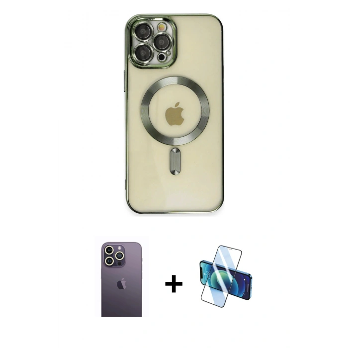 MARSİLYAN™- iPhone 12 Pro Max Kılıf Nova Işık Özel Seri - Siyah 3D Antistatik Cam Ekran Koruyucu + Neon Fosforlu Kamera Lens - BZ