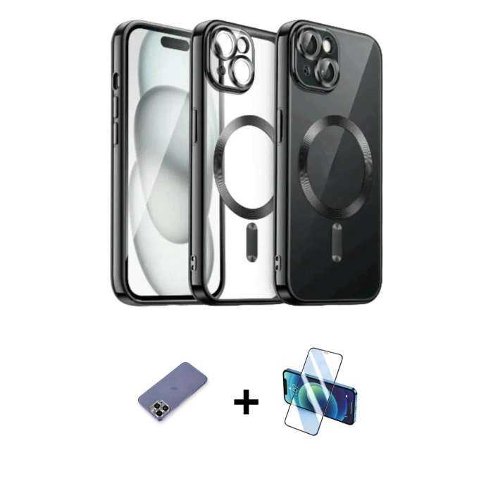 MARSİLYAN™- iPhone 12 Pro Max Kılıf Nova Işık Özel Seri - Siyah 3D Antistatik Cam Ekran Koruyucu + Metal Kamera Lens Koruma Cam - GD