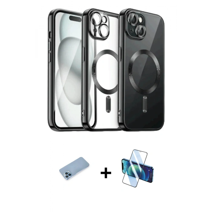 MARSİLYAN™- iPhone 12 Pro Max Kılıf Nova Işık Özel Seri - Siyah 3D Antistatik Cam Ekran Koruyucu + Shine Kamera Lens Koruma Cam - MI