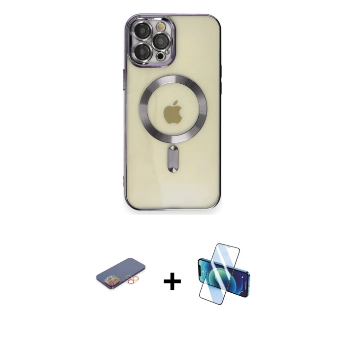 MARSİLYAN™- iPhone 12 Pro Max Kılıf Nova Işık Özel Seri - Siyah 3D Antistatik Cam Ekran Koruyucu + Renkli Kamera Lens Koruma Cam - TU