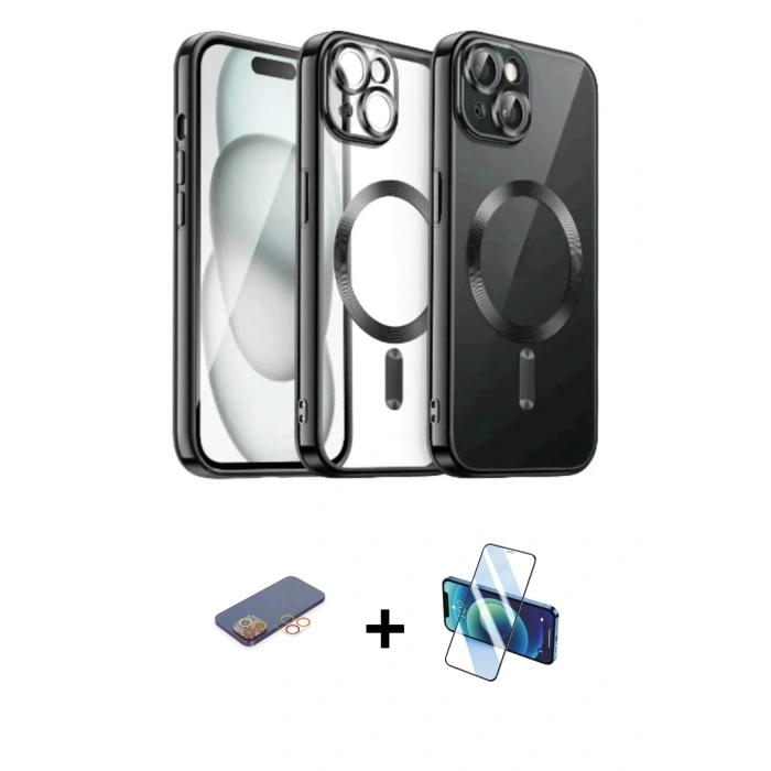 MARSİLYAN™- iPhone 12 Pro Max Kılıf Nova Işık Özel Seri - Siyah 3D Antistatik Cam Ekran Koruyucu + Renkli Kamera Lens Koruma Cam - TU