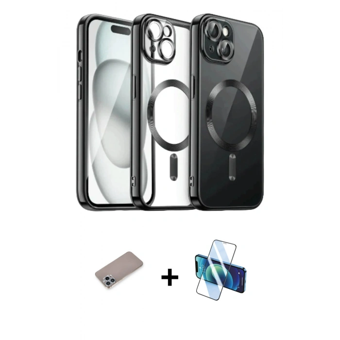 MARSİLYAN™- iPhone 12 Pro Max Kılıf Nova Işık Özel Seri - Siyah 3D Antistatik Cam Ekran Koruyucu + Shine Kamera Lens Koruma Cam - SABE