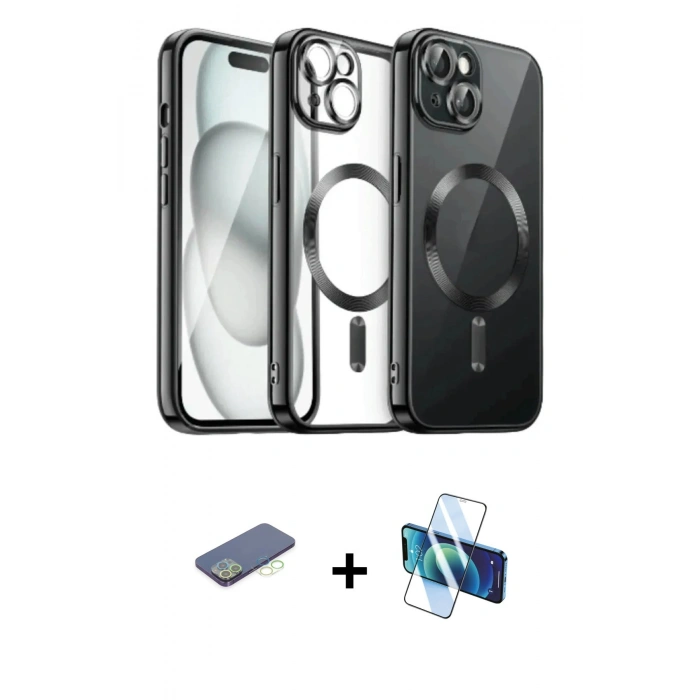 MARSİLYAN™- iPhone 12 Pro Max Kılıf Nova Işık Özel Seri - Siyah 3D Antistatik Cam Ekran Koruyucu + Renkli Kamera Lens Koruma Cam - YL
