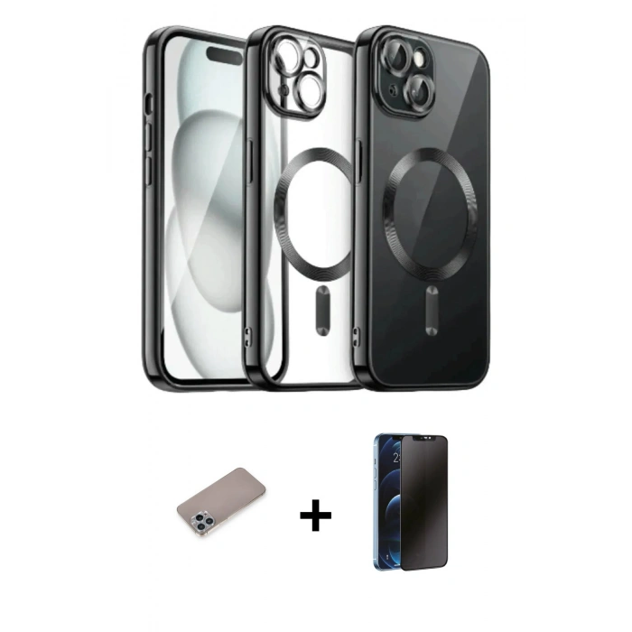 MARSİLYAN™- iPhone 12 Pro Max Kılıf Nova Işık Özel Seri - Siyah 3D Antistatik Hayalet Cam Ekran Koruyucu + Shine Kamera Lens Koruma Cam - SABE