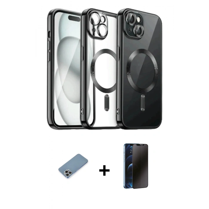MARSİLYAN™- iPhone 12 Pro Max Kılıf Nova Işık Özel Seri - Siyah 3D Antistatik Hayalet Cam Ekran Koruyucu + Shine Kamera Lens Koruma Cam - GI