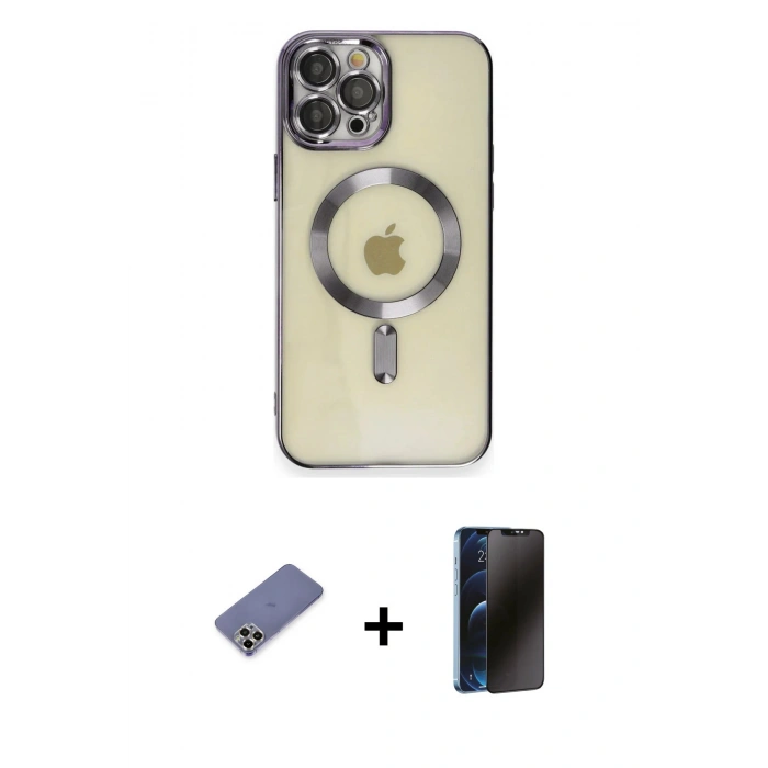 MARSİLYAN™- iPhone 12 Pro Max Kılıf Nova Işık Özel Seri - Siyah 3D Antistatik Hayalet Cam Ekran Koruyucu + Metal Kamera Lens Koruma Cam - GD