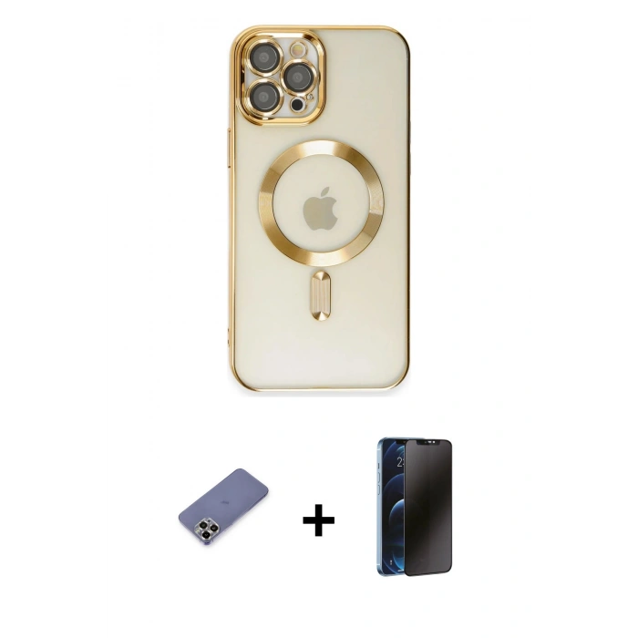 MARSİLYAN™- iPhone 12 Pro Max Kılıf Nova Işık Özel Seri - Siyah 3D Antistatik Hayalet Cam Ekran Koruyucu + Gold Metal Kamera Lens Koruma Cam