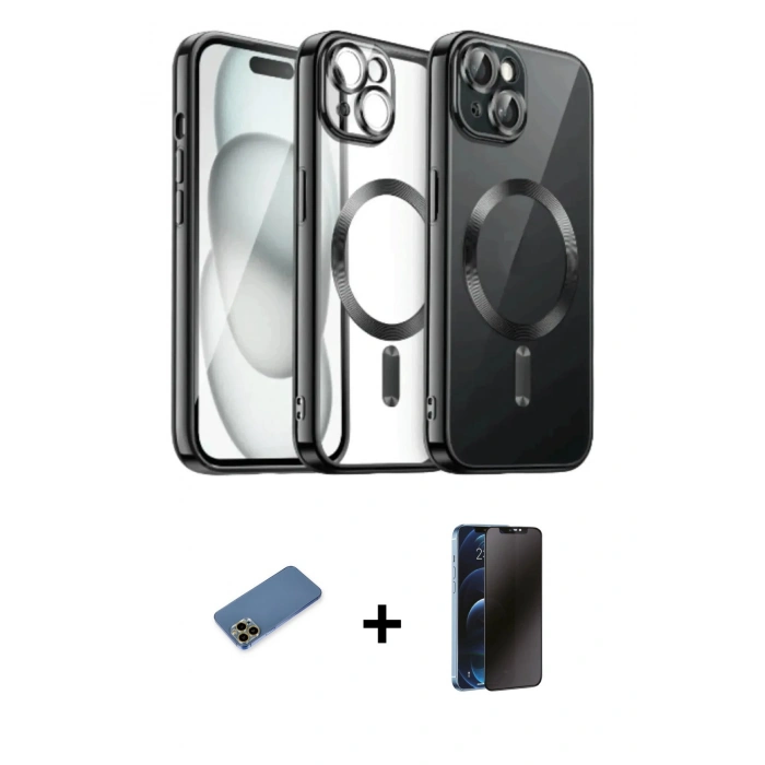 MARSİLYAN™- iPhone 12 Pro Max Kılıf Nova Işık Özel Seri - Siyah 3D Antistatik Hayalet Cam Ekran Koruyucu + Gold Shine Kamera Lens Koruma Cam