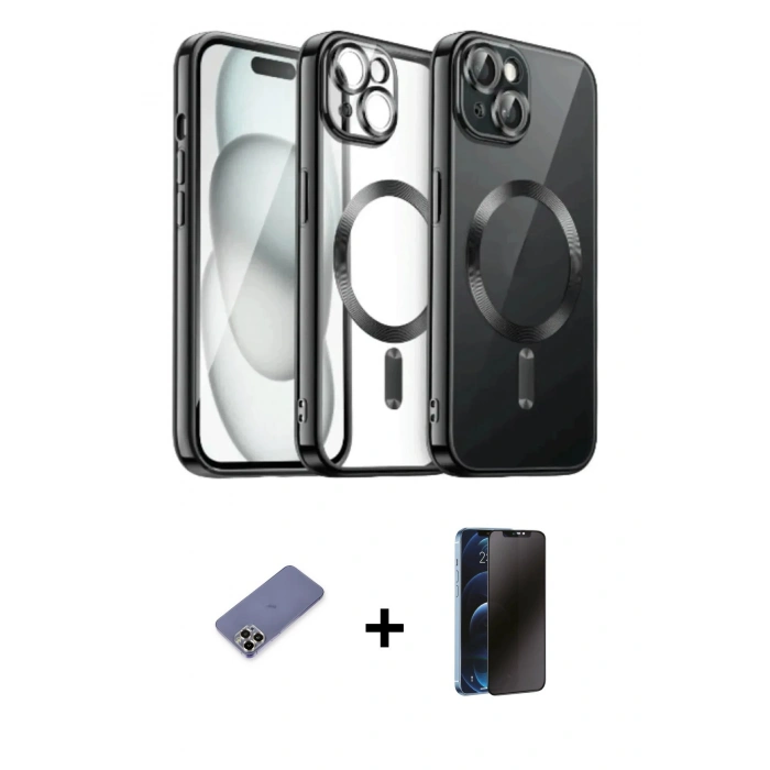 MARSİLYAN™- iPhone 12 Pro Max Kılıf Nova Işık Özel Seri - Siyah 3D Antistatik Hayalet Cam Ekran Koruyucu + Metal Kamera Lens Koruma Cam - GD