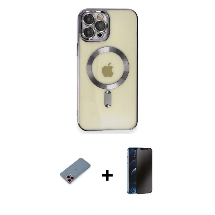 MARSİLYAN™- iPhone 12 Pro Max Kılıf Nova Işık Özel Seri - Siyah 3D Antistatik Hayalet Cam Ekran Koruyucu + Metal Kamera Lens Koruma Cam - KI