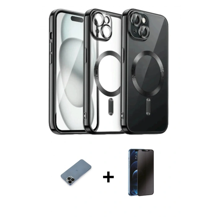 MARSİLYAN™- iPhone 12 Pro Max Kılıf Nova Işık Özel Seri - Siyah 3D Antistatik Hayalet Cam Ekran Koruyucu + Siyah Shine Kamera Lens Koruma Cam