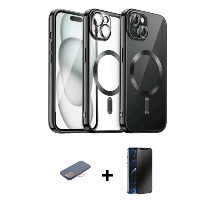 MARSİLYAN™- iPhone 12 Pro Max Kılıf Nova Işık Özel Seri - Siyah 3D Antistatik Hayalet Cam Ekran Koruyucu + Renkli Kamera Lens Koruma Cam - PE