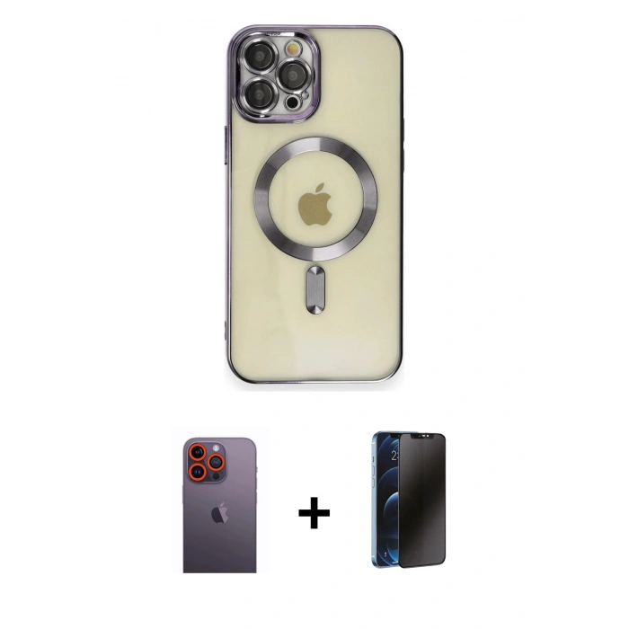 MARSİLYAN™- iPhone 12 Pro Max Kılıf Nova Işık Özel Seri - Siyah 3D Antistatik Hayalet Cam Ekran Koruyucu + Neon Fosforlu Kamera Lens - TU