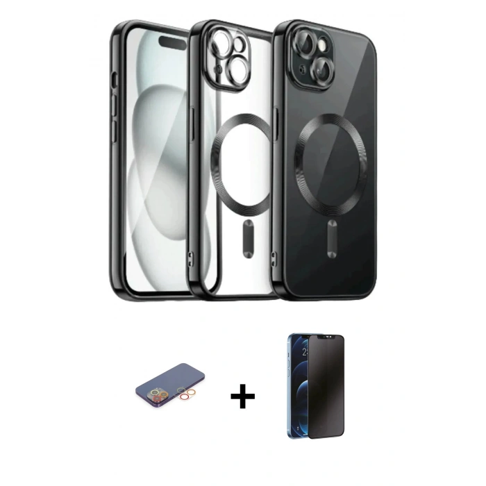 MARSİLYAN™- iPhone 12 Pro Max Kılıf Nova Işık Özel Seri - Siyah 3D Antistatik Hayalet Cam Ekran Koruyucu + Renkli Kamera Lens Koruma Cam - TU