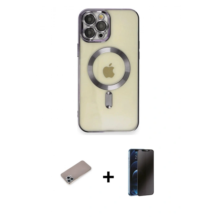 MARSİLYAN™- iPhone 12 Pro Max Kılıf Nova Işık Özel Seri - Siyah 3D Antistatik Hayalet Cam Ekran Koruyucu + Shine Kamera Lens Koruma Cam - SABE