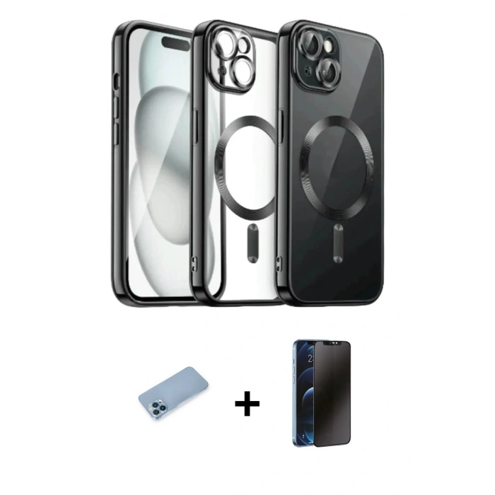MARSİLYAN™- iPhone 12 Pro Max Kılıf Nova Işık Özel Seri - Siyah 3D Antistatik Hayalet Cam Ekran Koruyucu + Shine Kamera Lens Koruma Cam - MI