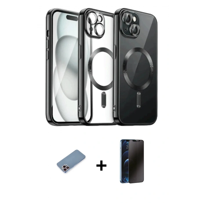 MARSİLYAN™- iPhone 12 Pro Max Kılıf Nova Işık Özel Seri - Siyah 3D Antistatik Hayalet Cam Ekran Koruyucu + Shine Kamera Lens Koruma Cam - PE