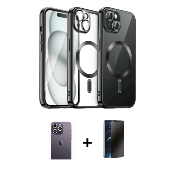 MARSİLYAN™- iPhone 12 Pro Max Kılıf Nova Işık Özel Seri - Siyah 3D Antistatik Hayalet Cam Ekran Koruyucu + Neon Fosforlu Kamera Lens - BZ