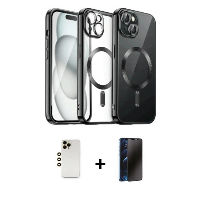 MARSİLYAN™- iPhone 12 Pro Max Kılıf Nova Işık Özel Seri - Siyah 3D Antistatik Hayalet Cam Ekran Koruyucu + Shine Kamera Lens - GD