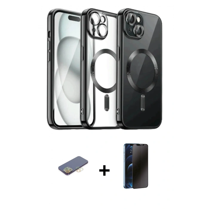 MARSİLYAN™- iPhone 12 Pro Max Kılıf Nova Işık Özel Seri - Siyah 3D Antistatik Hayalet Cam Ekran Koruyucu + Renkli Kamera Lens Koruma Cam - SI