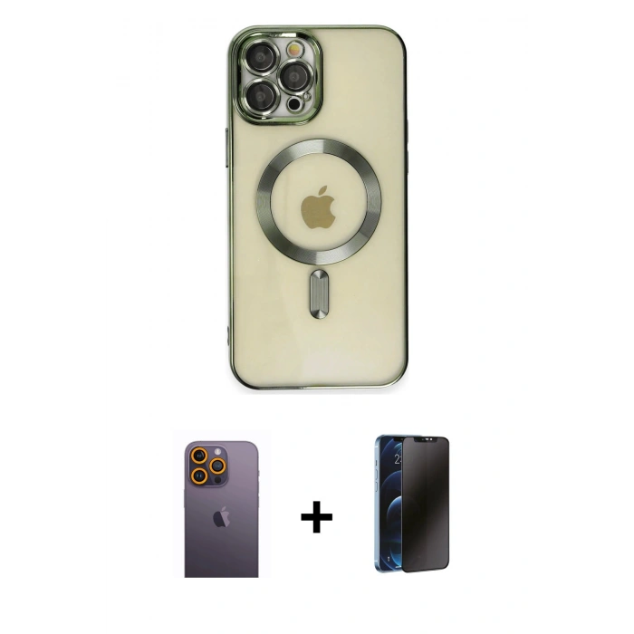 MARSİLYAN™- iPhone 12 Pro Max Kılıf Nova Işık Özel Seri - Siyah 3D Antistatik Hayalet Cam Ekran Koruyucu + Neon Fosforlu Kamera Lens - SI