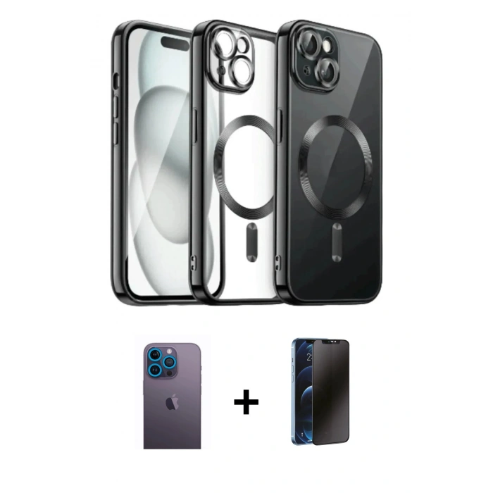 MARSİLYAN™- iPhone 12 Pro Max Kılıf Nova Işık Özel Seri - Siyah 3D Antistatik Hayalet Cam Ekran Koruyucu + Neon Fosforlu Kamera Lens - MI