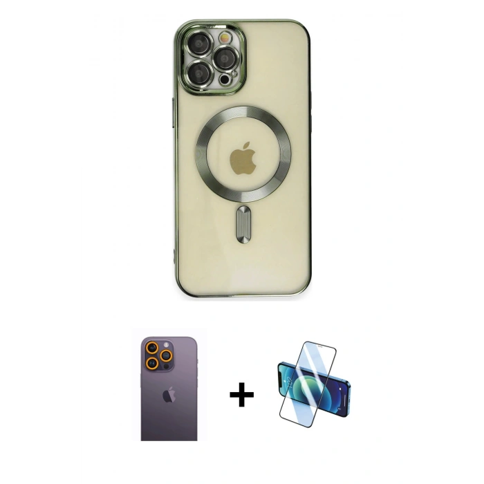 MARSİLYAN™- iPhone 12 Pro Max Kılıf Nova Işık Özel Seri - Siyah 3D Antistatik Seramik Nano Ekran Koruyucu + Sarı Neon Fosforlu Kamera Lens