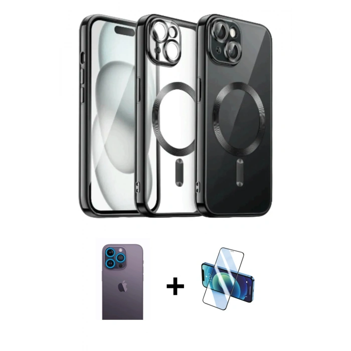 MARSİLYAN™- iPhone 12 Pro Max Kılıf Nova Işık Özel Seri - Siyah 3D Antistatik Seramik Nano Ekran Koruyucu + Mavi Neon Fosforlu Kamera Lens