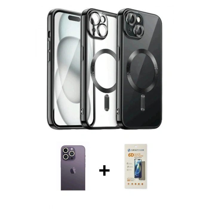 MARSİLYAN™- iPhone 12 Pro Max Kılıf Nova Işık Özel Seri - Siyah 6D Mat Seramik Hayalet Nano Ekran Koruyucu + Neon Fosforlu Kamera Lens - BZ