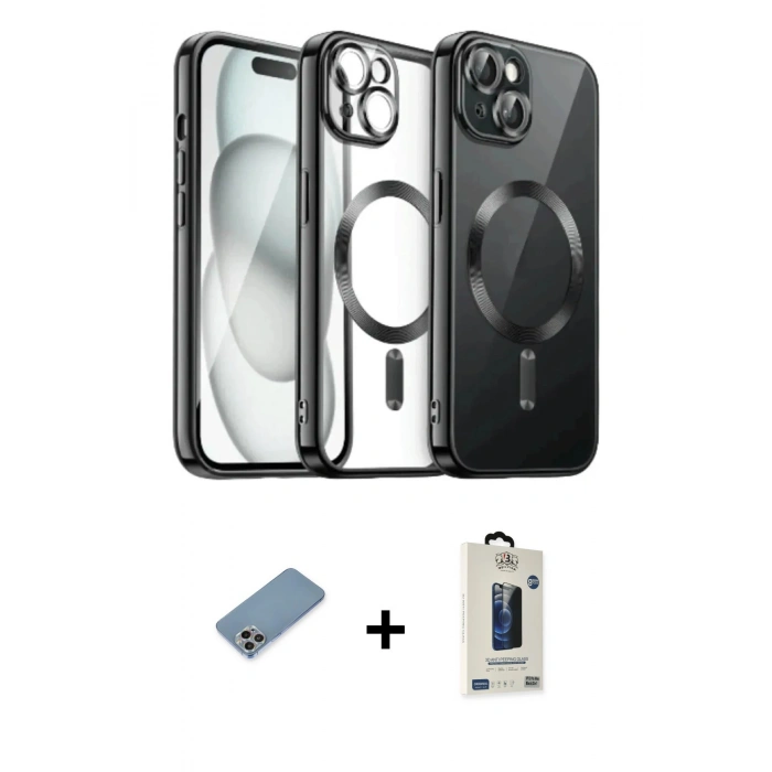 MARSİLYAN™- iPhone 12 Pro Max Kılıf Nova Işık Özel Seri - Siyah Bilvis Hayalet Cam Ekran Koruyucu + Shine Kamera Lens Koruma Cam - GI