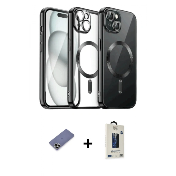 MARSİLYAN™- iPhone 12 Pro Max Kılıf Nova Işık Özel Seri - Siyah Bilvis Hayalet Cam Ekran Koruyucu + Gold Metal Kamera Lens Koruma Cam