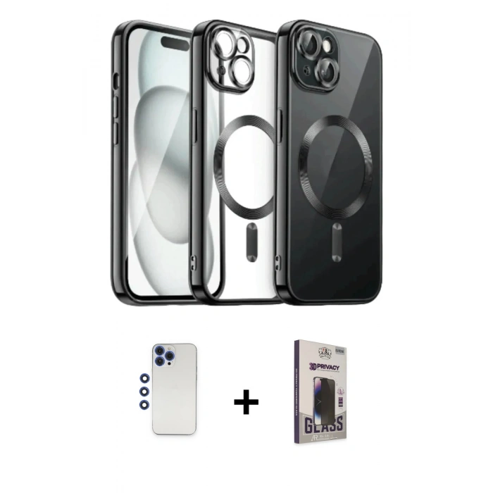 MARSİLYAN™- iPhone 12 Pro Max Kılıf Nova Işık Özel Seri - Siyah Bilvis Hayalet Cam Ekran Koruyucu + Shine Kamera Lens - LT