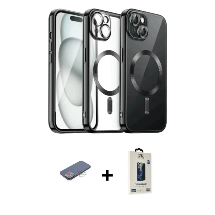 MARSİLYAN™- iPhone 12 Pro Max Kılıf Nova Işık Özel Seri - Siyah Bilvis Hayalet Cam Ekran Koruyucu + Renkli Kamera Lens Koruma Cam - MI