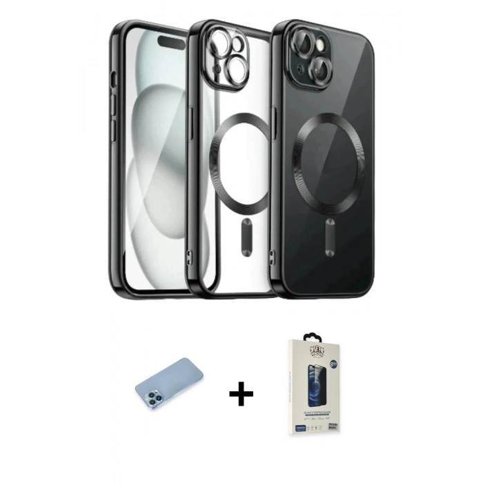 MARSİLYAN™- iPhone 12 Pro Max Kılıf Nova Işık Özel Seri - Siyah Bilvis Hayalet Cam Ekran Koruyucu + Mavi Shine Kamera Lens Koruma Cam