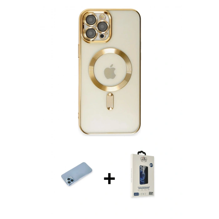 MARSİLYAN™- iPhone 12 Pro Max Kılıf Nova Işık Özel Seri - Siyah Bilvis Hayalet Cam Ekran Koruyucu + Mavi Shine Kamera Lens Koruma Cam