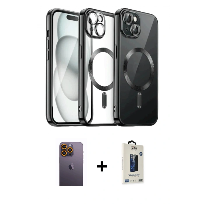 MARSİLYAN™- iPhone 12 Pro Max Kılıf Nova Işık Özel Seri - Siyah Bilvis Hayalet Cam Ekran Koruyucu + Neon Fosforlu Kamera Lens - SI