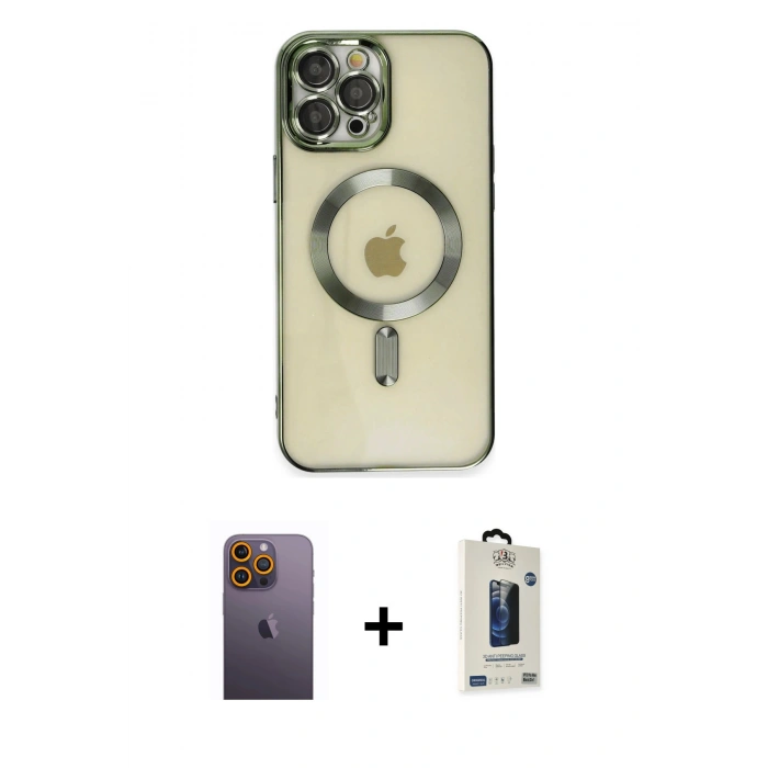 MARSİLYAN™- iPhone 12 Pro Max Kılıf Nova Işık Özel Seri - Siyah Bilvis Hayalet Cam Ekran Koruyucu + Neon Fosforlu Kamera Lens - SI