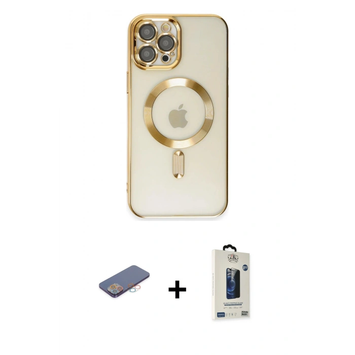 MARSİLYAN™- iPhone 12 Pro Max Kılıf Nova Işık Özel Seri - Siyah Bilvis Hayalet Cam Ekran Koruyucu + Renkli Kamera Lens Koruma Cam - PE