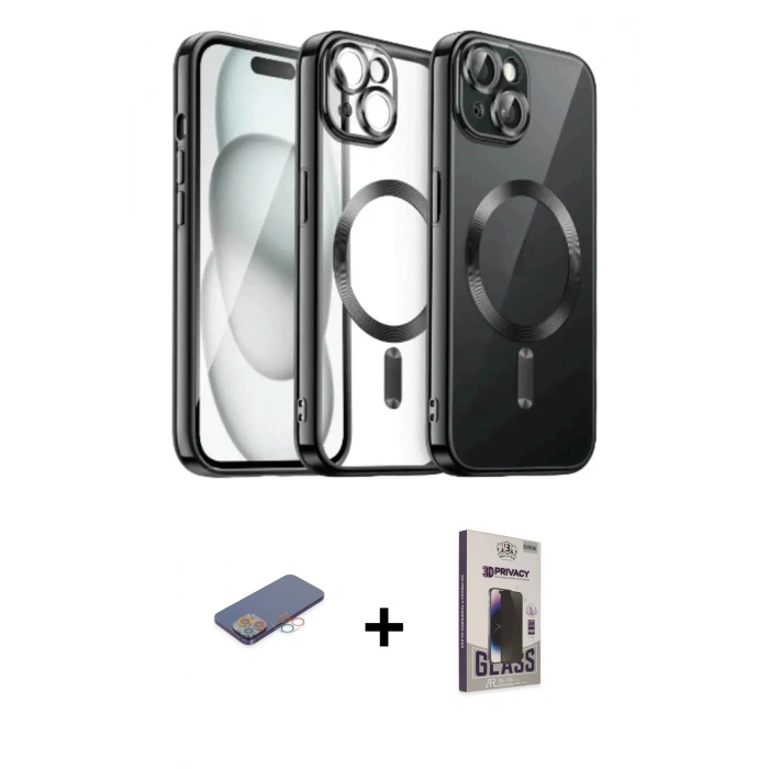 MARSİLYAN™- iPhone 12 Pro Max Kılıf Nova Işık Özel Seri - Siyah Bilvis Hayalet Cam Ekran Koruyucu + Renkli Kamera Lens Koruma Cam - PE