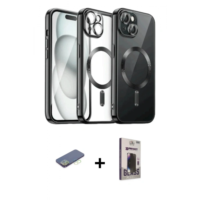 MARSİLYAN™- iPhone 12 Pro Max Kılıf Nova Işık Özel Seri - Siyah Bilvis Hayalet Cam Ekran Koruyucu + Renkli Kamera Lens Koruma Cam - YL