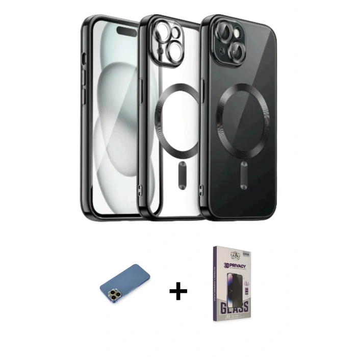 MARSİLYAN™- iPhone 12 Pro Max Kılıf Nova Işık Özel Seri - Siyah Bilvis Hayalet Cam Ekran Koruyucu + Shine Kamera Lens Koruma Cam - GD