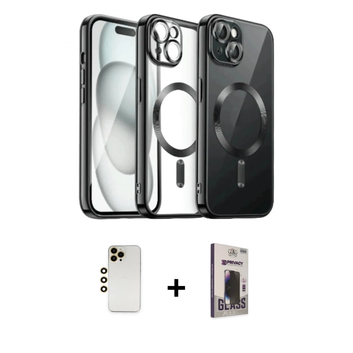 MARSİLYAN™- iPhone 12 Pro Max Kılıf Nova Işık Özel Seri - Siyah Bilvis Hayalet Cam Ekran Koruyucu + Shine Kamera Lens - GD