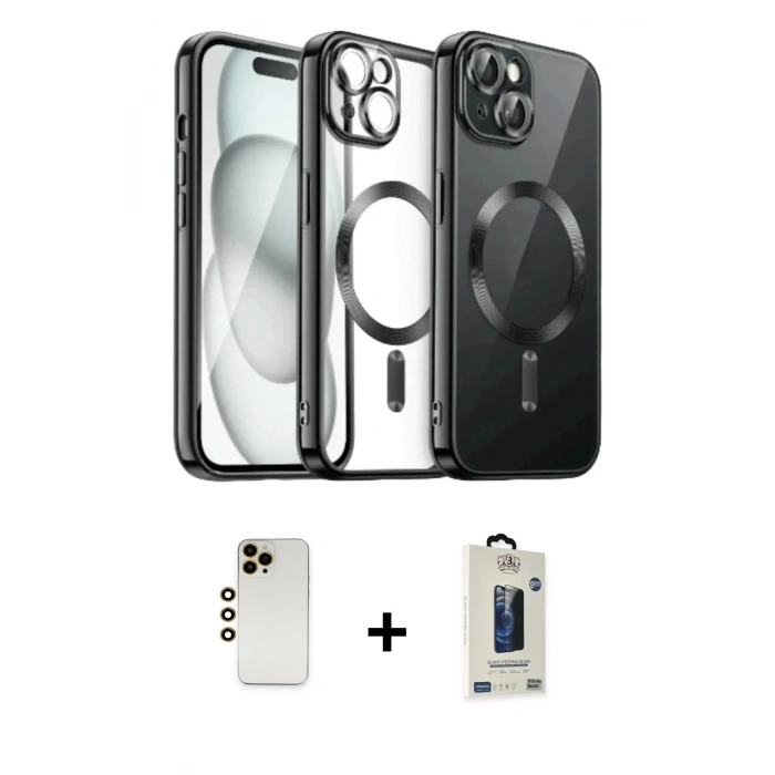 MARSİLYAN™- iPhone 12 Pro Max Kılıf Nova Işık Özel Seri - Siyah Bilvis Hayalet Cam Ekran Koruyucu + Shine Kamera Lens - GD