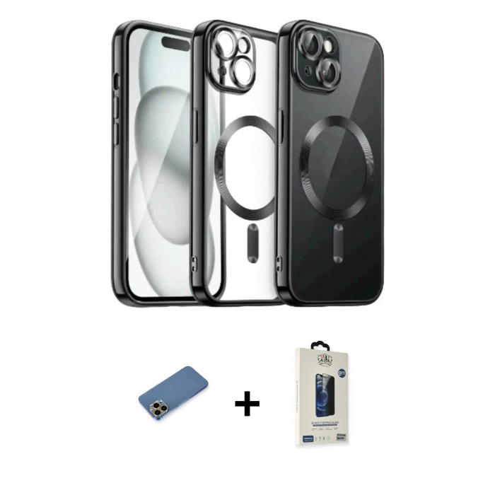 MARSİLYAN™- iPhone 12 Pro Max Kılıf Nova Işık Özel Seri - Siyah Bilvis Hayalet Cam Ekran Koruyucu + Shine Kamera Lens Koruma Cam - GD
